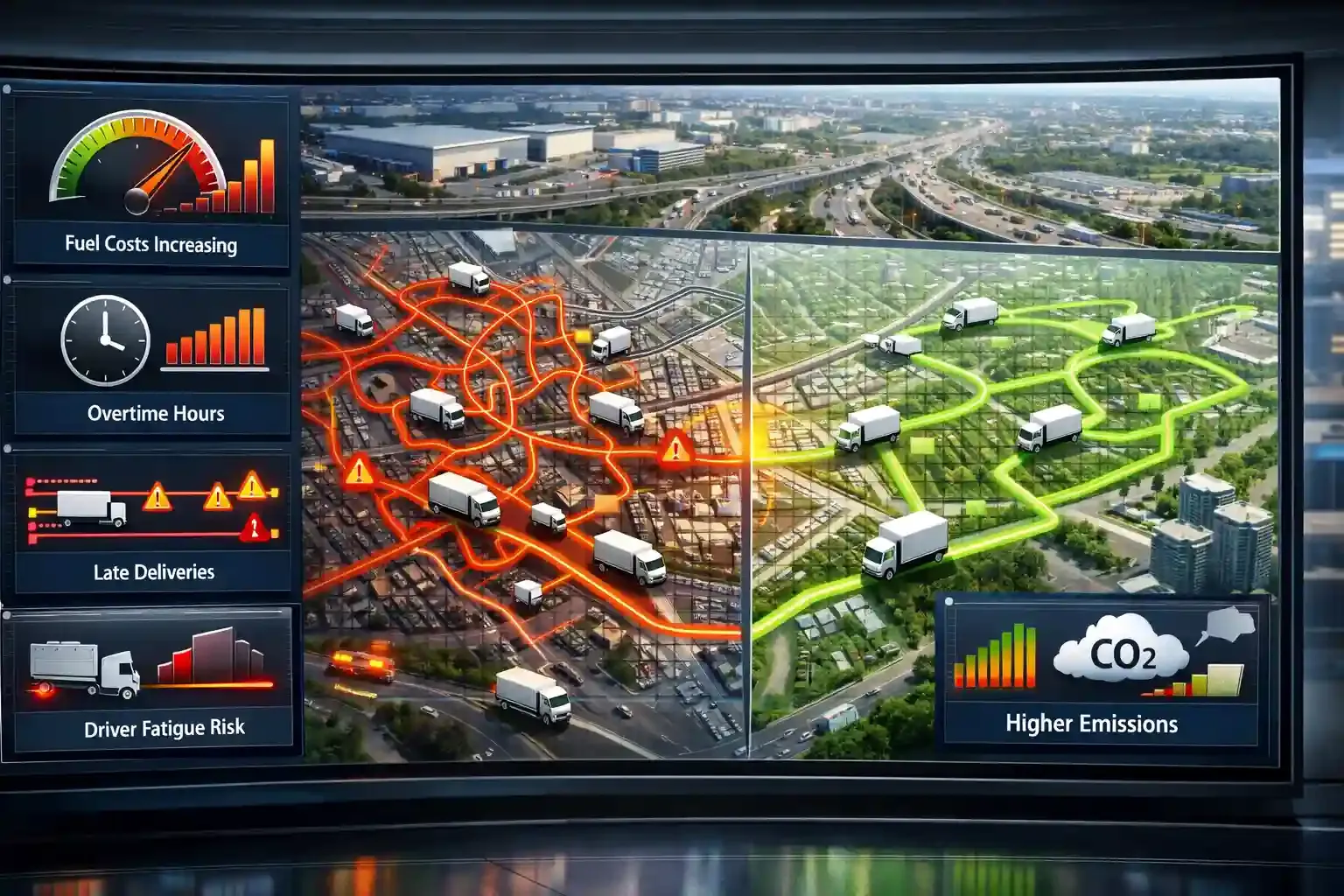 Route management dashboard showing inefficient vs optimized delivery routes